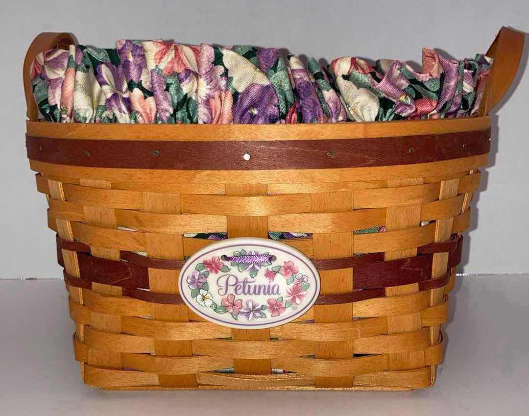 Photo 1 of LONGABERGER 1997 MAY SERIES PETUNIA MAPLE WOOD BASKET W PETUNIA FABRIC LINER & BASKET PROTECTOR 9.5” X 9.5” H5.5”