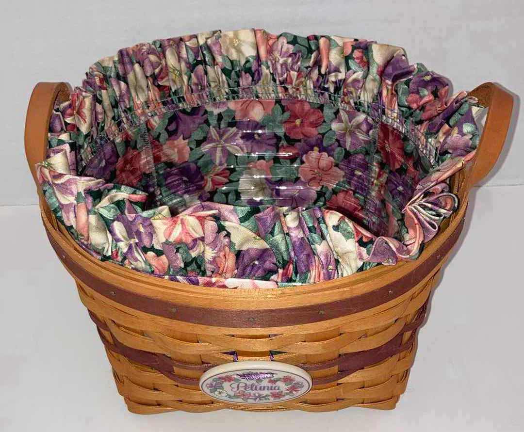 Photo 2 of LONGABERGER 1997 MAY SERIES PETUNIA MAPLE WOOD BASKET W PETUNIA FABRIC LINER & BASKET PROTECTOR 9.5” X 9.5” H5.5”