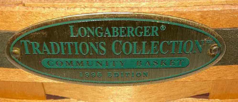 Photo 6 of LONGABERGER 1996 TRADITIONS COLLECTION COMMUNITY BASKET W PROTECTOR & 1997 FELLOWSHIP MAPLE WOOD BASKET W GREEN PLAID FABRIC LINER & BASKET PROTECTOR (15” X 13” H6.25” & 12” X 6.5” H8”)