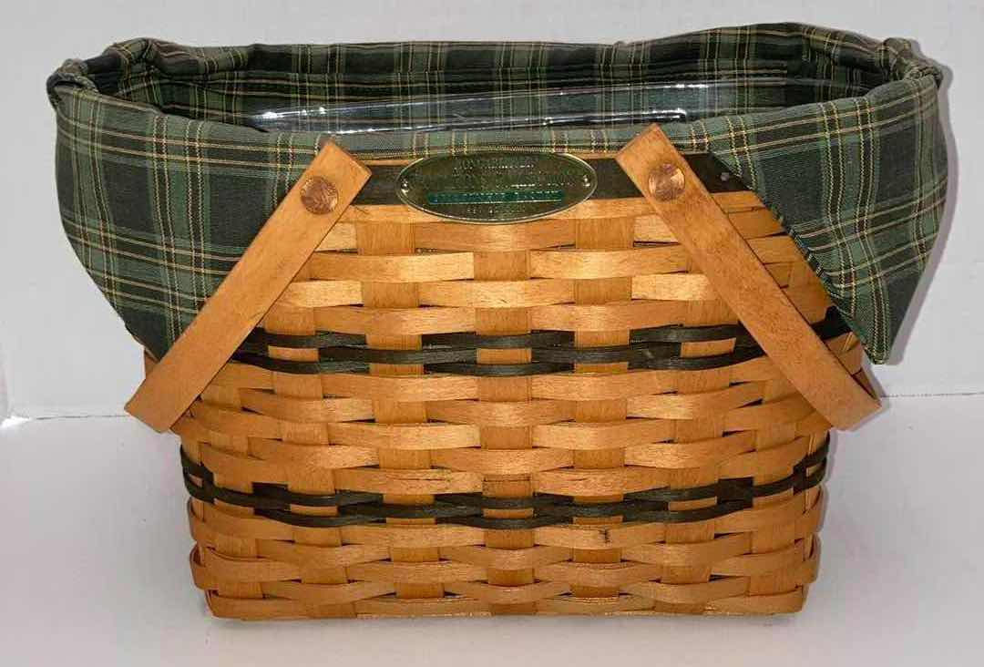 Photo 7 of LONGABERGER 1996 TRADITIONS COLLECTION COMMUNITY BASKET W PROTECTOR & 1997 FELLOWSHIP MAPLE WOOD BASKET W GREEN PLAID FABRIC LINER & BASKET PROTECTOR (15” X 13” H6.25” & 12” X 6.5” H8”)