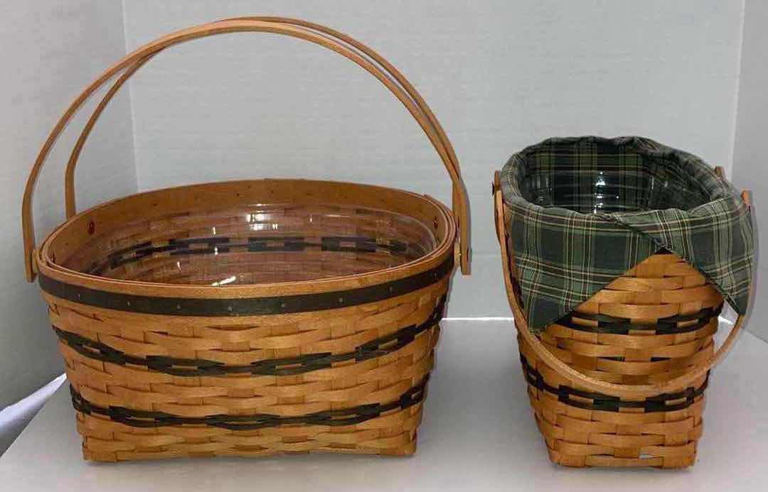 Photo 2 of LONGABERGER 1996 TRADITIONS COLLECTION COMMUNITY BASKET W PROTECTOR & 1997 FELLOWSHIP MAPLE WOOD BASKET W GREEN PLAID FABRIC LINER & BASKET PROTECTOR (15” X 13” H6.25” & 12” X 6.5” H8”)