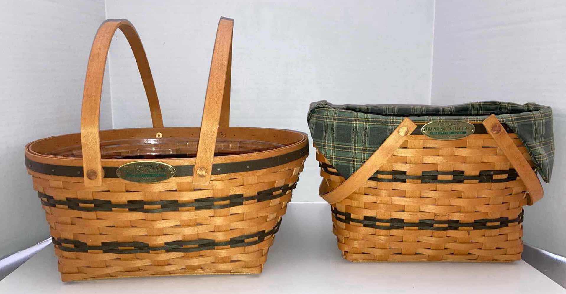 Photo 1 of LONGABERGER 1996 TRADITIONS COLLECTION COMMUNITY BASKET W PROTECTOR & 1997 FELLOWSHIP MAPLE WOOD BASKET W GREEN PLAID FABRIC LINER & BASKET PROTECTOR (15” X 13” H6.25” & 12” X 6.5” H8”)