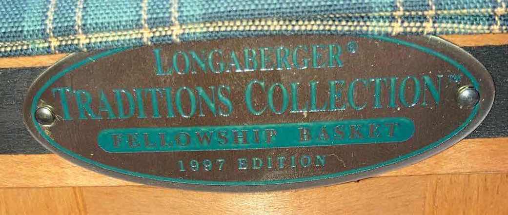 Photo 8 of LONGABERGER 1996 TRADITIONS COLLECTION COMMUNITY BASKET W PROTECTOR & 1997 FELLOWSHIP MAPLE WOOD BASKET W GREEN PLAID FABRIC LINER & BASKET PROTECTOR (15” X 13” H6.25” & 12” X 6.5” H8”)