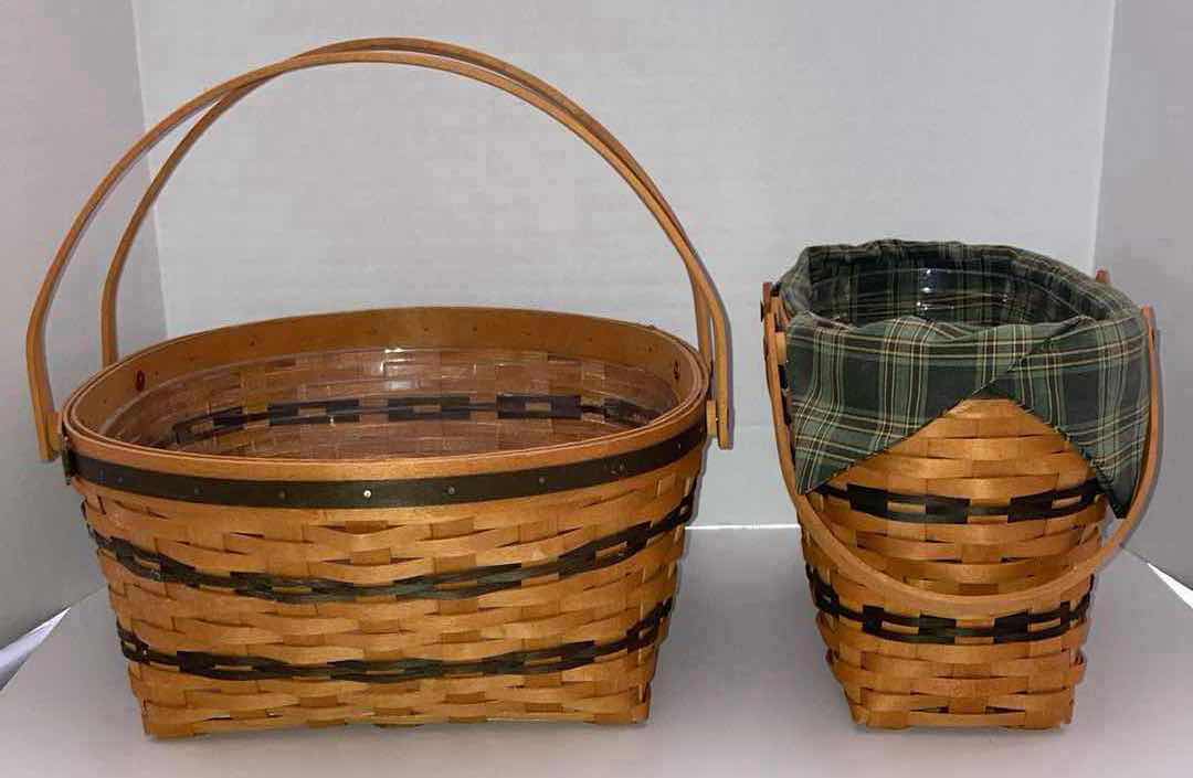 Photo 3 of LONGABERGER 1996 TRADITIONS COLLECTION COMMUNITY BASKET W PROTECTOR & 1997 FELLOWSHIP MAPLE WOOD BASKET W GREEN PLAID FABRIC LINER & BASKET PROTECTOR (15” X 13” H6.25” & 12” X 6.5” H8”)