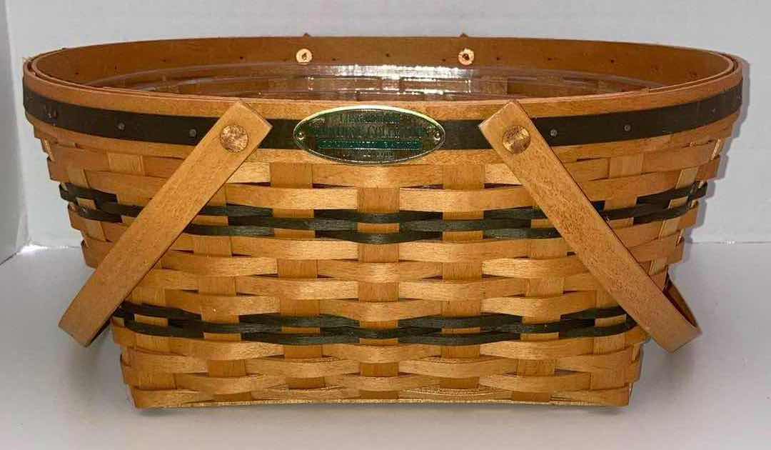 Photo 5 of LONGABERGER 1996 TRADITIONS COLLECTION COMMUNITY BASKET W PROTECTOR & 1997 FELLOWSHIP MAPLE WOOD BASKET W GREEN PLAID FABRIC LINER & BASKET PROTECTOR (15” X 13” H6.25” & 12” X 6.5” H8”)