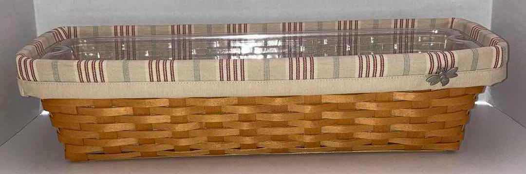 Photo 1 of LONGABERGER 2002 WINDOW BOS MAPLE WOOD BASKET W BIEGE STRIPED FABRIC LINER & BAKSET PROTECTOR 21” X 8.5” H4.75”