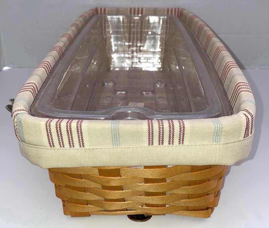 Photo 3 of LONGABERGER 2002 WINDOW BOS MAPLE WOOD BASKET W BIEGE STRIPED FABRIC LINER & BAKSET PROTECTOR 21” X 8.5” H4.75”