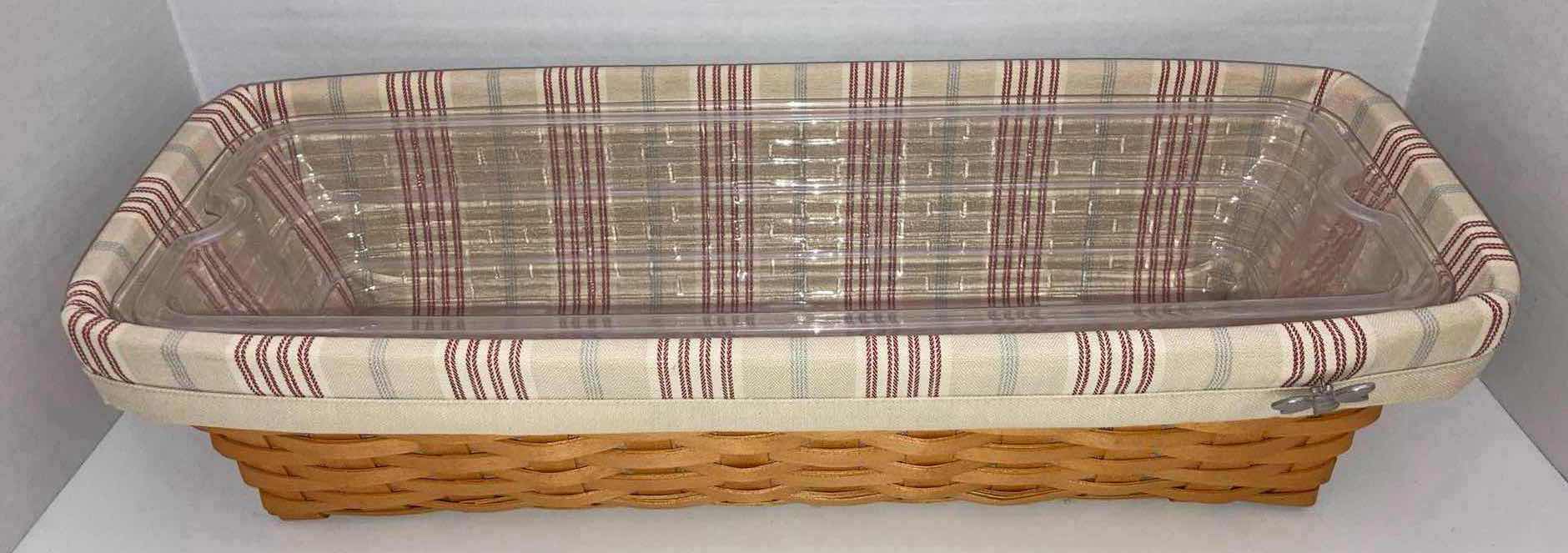 Photo 2 of LONGABERGER 2002 WINDOW BOS MAPLE WOOD BASKET W BIEGE STRIPED FABRIC LINER & BAKSET PROTECTOR 21” X 8.5” H4.75”