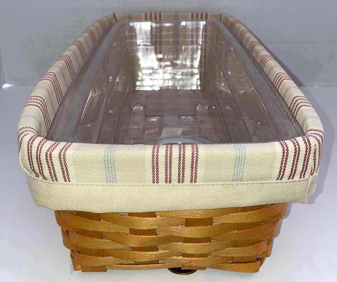 Photo 4 of LONGABERGER 2002 WINDOW BOS MAPLE WOOD BASKET W BIEGE STRIPED FABRIC LINER & BAKSET PROTECTOR 21” X 8.5” H4.75”