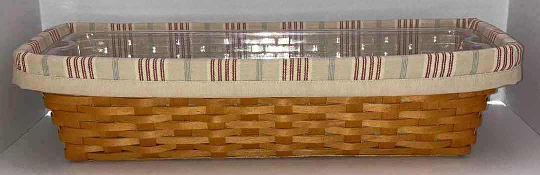 Photo 5 of LONGABERGER 2002 WINDOW BOS MAPLE WOOD BASKET W BIEGE STRIPED FABRIC LINER & BAKSET PROTECTOR 21” X 8.5” H4.75”