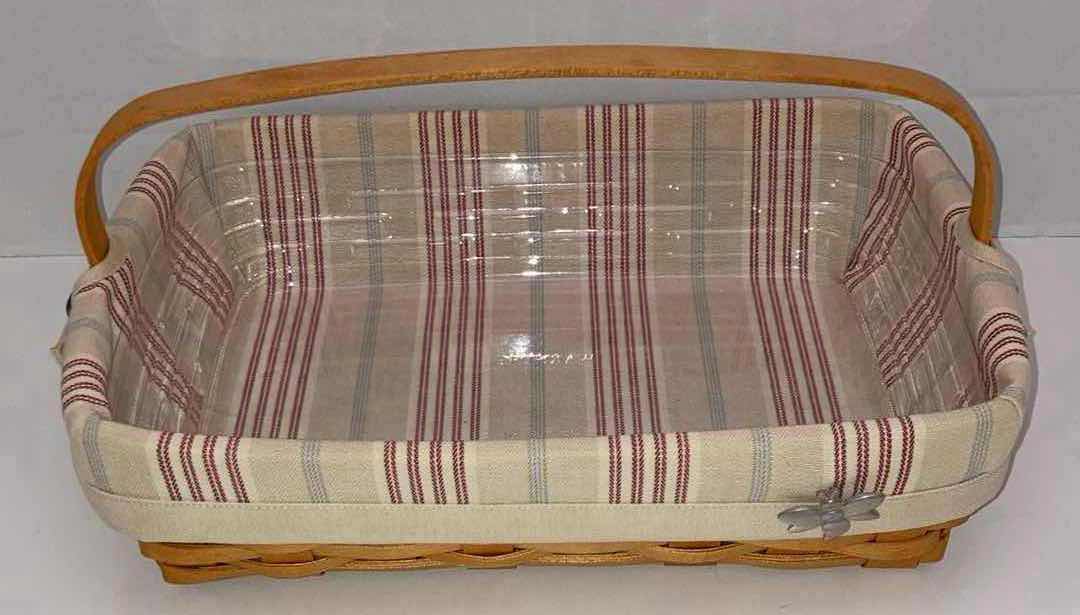 Photo 2 of LONGABERGER 2002 BACK PORCH MAPLE WOOD BASKET W BEIGE STRIPED FABRIC LINER & BASKET PROTECTOR 13.5” X 9.5” H3.5”