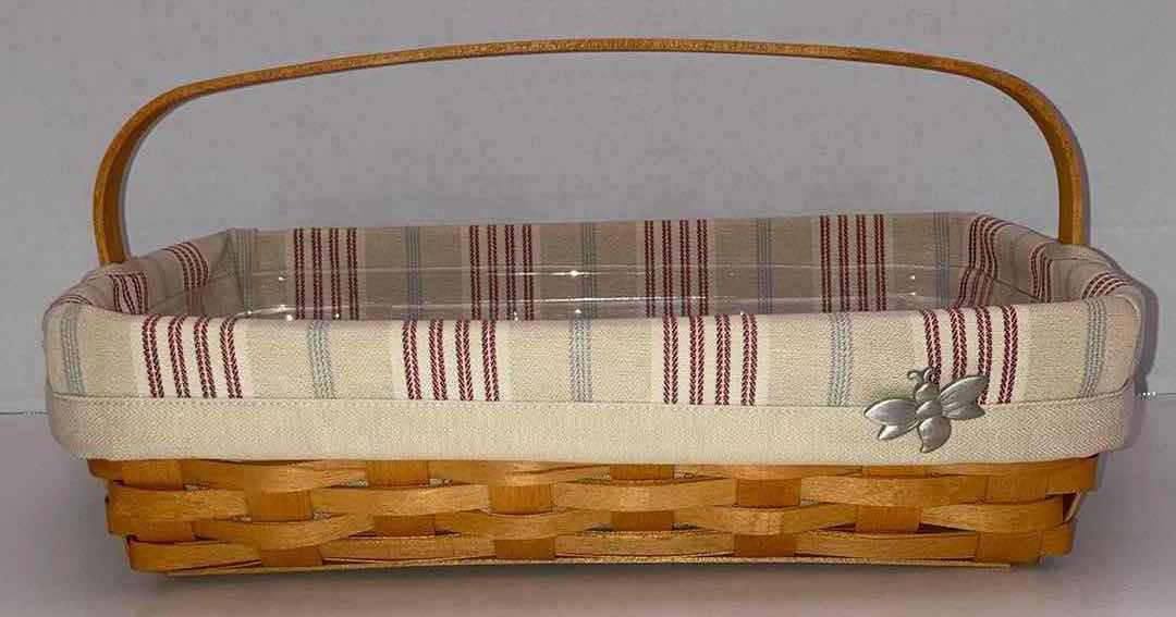 Photo 1 of LONGABERGER 2002 BACK PORCH MAPLE WOOD BASKET W BEIGE STRIPED FABRIC LINER & BASKET PROTECTOR 13.5” X 9.5” H3.5”