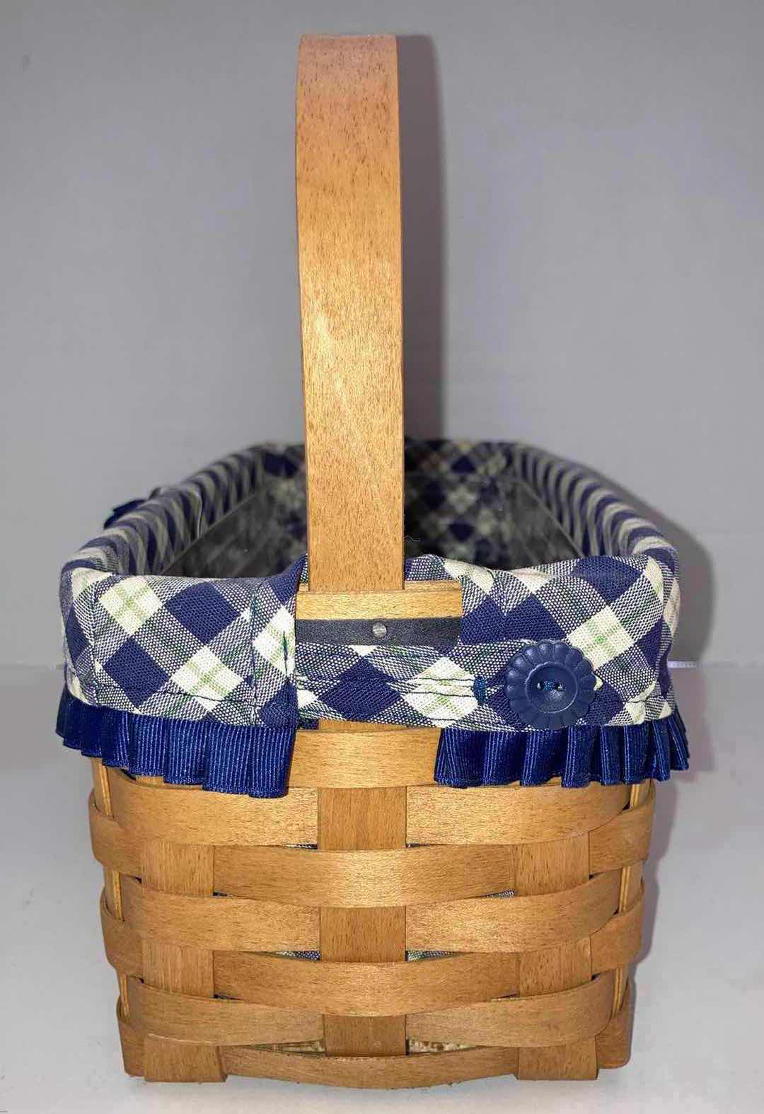 Photo 3 of LONGABERGER 2003 BLUE RIBBON COLLECTION CANNING MAPLE WOOD BASKET W BLUE PLAID FABRIC LINER & BASKET PROTECTOR 13.5” X 6” H5”