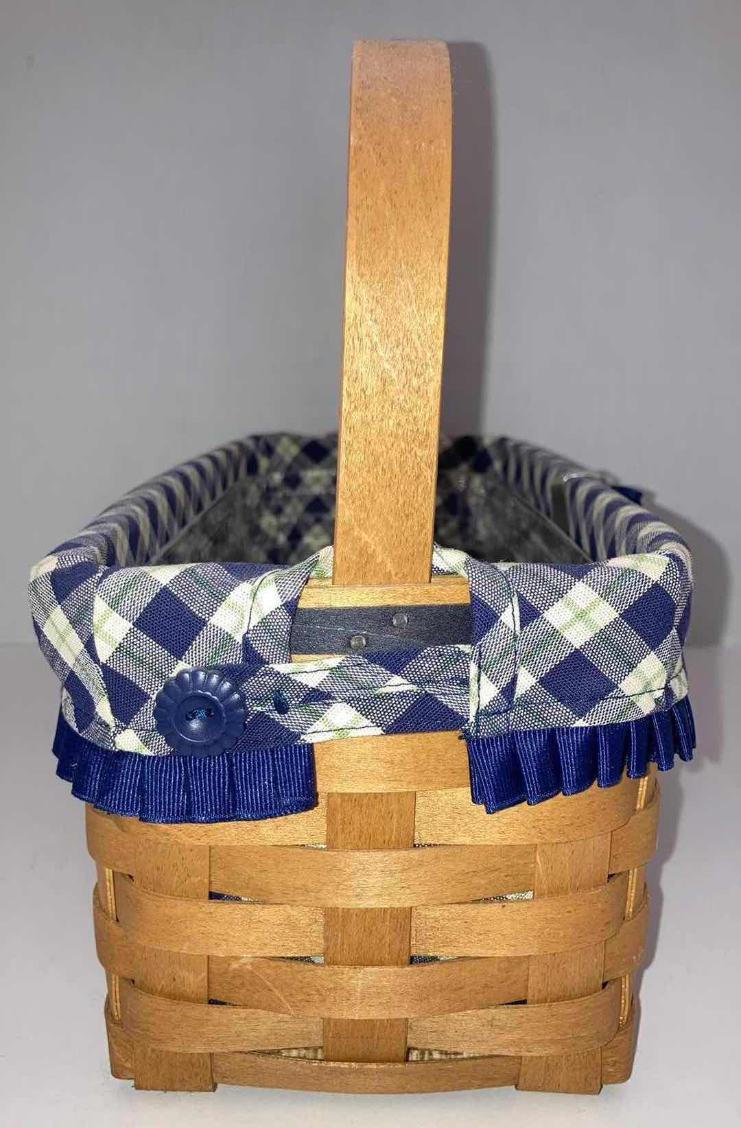 Photo 4 of LONGABERGER 2003 BLUE RIBBON COLLECTION CANNING MAPLE WOOD BASKET W BLUE PLAID FABRIC LINER & BASKET PROTECTOR 13.5” X 6” H5”