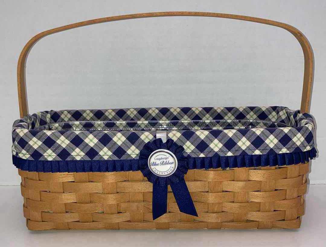 Photo 1 of LONGABERGER 2003 BLUE RIBBON COLLECTION CANNING MAPLE WOOD BASKET W BLUE PLAID FABRIC LINER & BASKET PROTECTOR 13.5” X 6” H5”