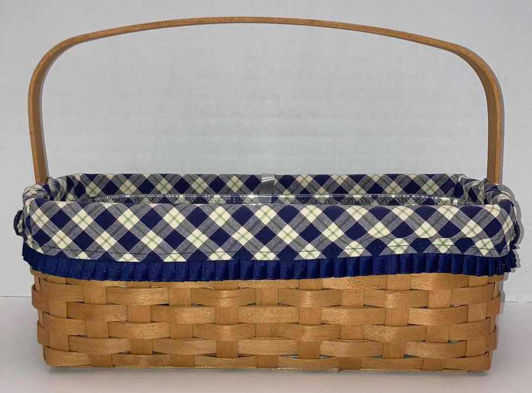 Photo 5 of LONGABERGER 2003 BLUE RIBBON COLLECTION CANNING MAPLE WOOD BASKET W BLUE PLAID FABRIC LINER & BASKET PROTECTOR 13.5” X 6” H5”