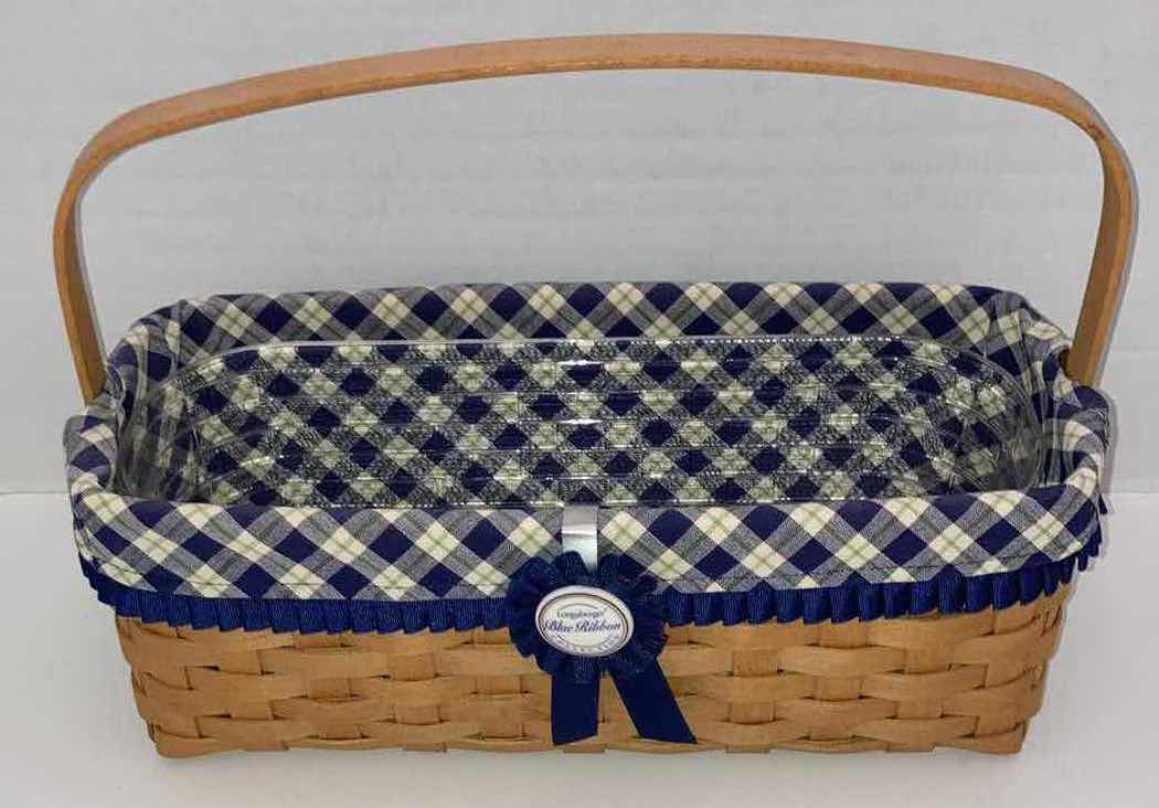 Photo 2 of LONGABERGER 2003 BLUE RIBBON COLLECTION CANNING MAPLE WOOD BASKET W BLUE PLAID FABRIC LINER & BASKET PROTECTOR 13.5” X 6” H5”