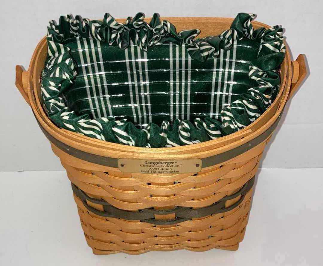 Photo 2 of LONGABERGER 1998 CHRISTMAS COLLECTION GLAD TIDINGS WALL HANGING MAPLE WOOD BASKET W GREEN STRIPED FABIC LINER & BASKET PROTECTOR 9” X 6.25” H9”