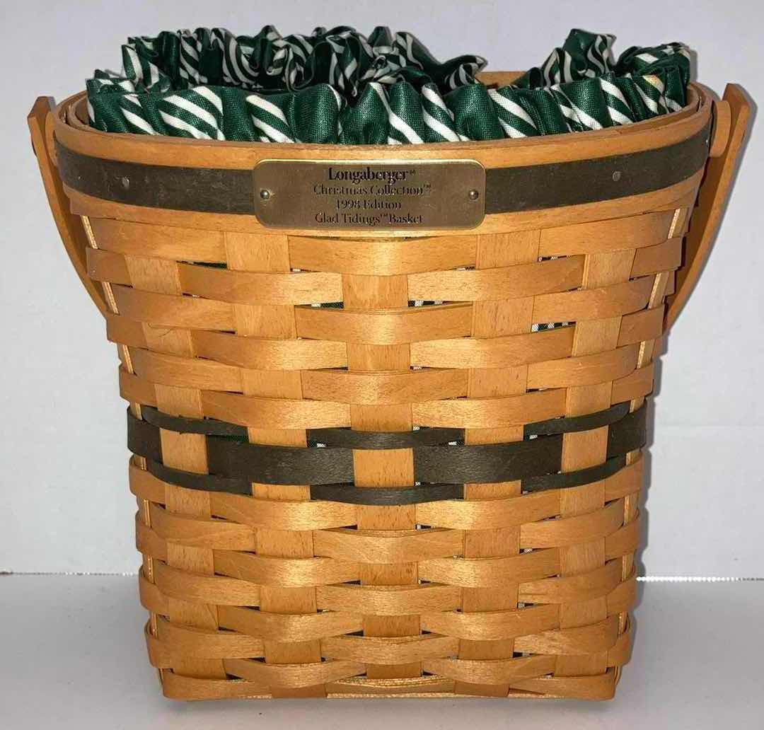 Photo 1 of LONGABERGER 1998 CHRISTMAS COLLECTION GLAD TIDINGS WALL HANGING MAPLE WOOD BASKET W GREEN STRIPED FABIC LINER & BASKET PROTECTOR 9” X 6.25” H9”