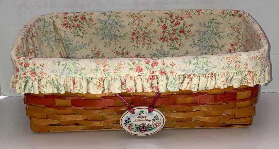 Photo 1 of LONGABERGER 1996 MOTHERS DAY VANITY MAPLE WOOD BASKET W FLORAL FABRIC LINER 14.5” X 7.5” H6.5”