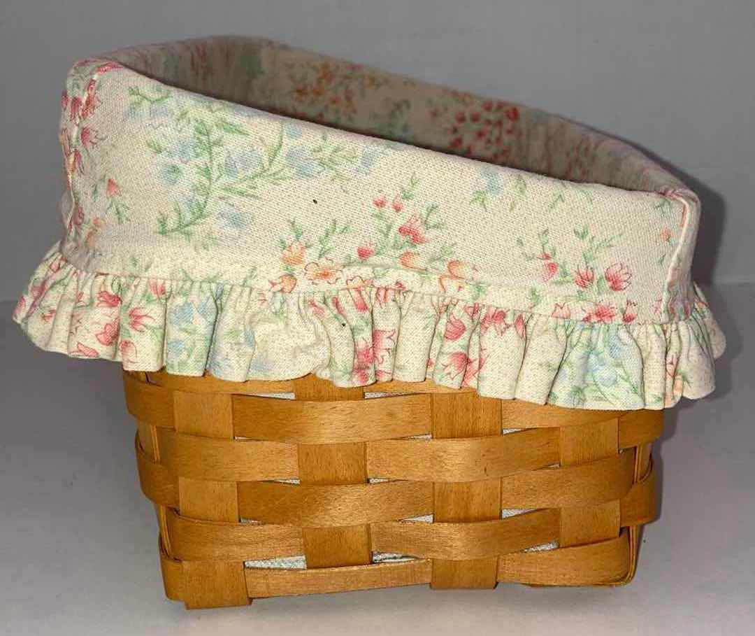 Photo 3 of LONGABERGER 2001 MOTHERS DAY VANITY MAPLE WOOD BASKET W FLORAL FABRIC LINER 14.5” X 7.5” H6.5”