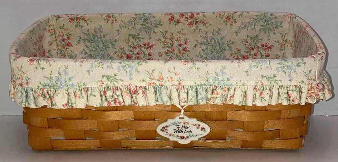 Photo 1 of LONGABERGER 2001 MOTHERS DAY VANITY MAPLE WOOD BASKET W FLORAL FABRIC LINER 14.5” X 7.5” H6.5”