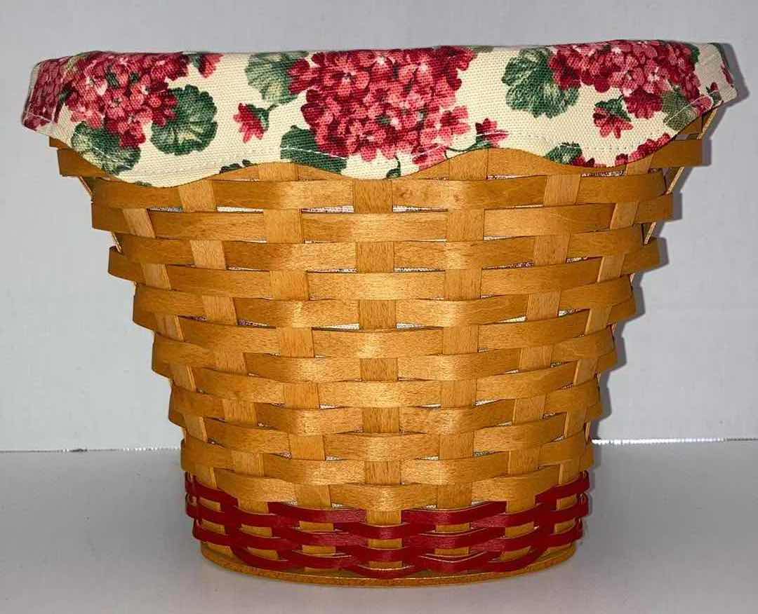 Photo 5 of LONGABERGER GERANIUM MAY SERIES MAPLE WOOD BASKET W GERANIUM FABRIC LINER & BASKET PROTECTOR 10” X 6.25” H7.75”