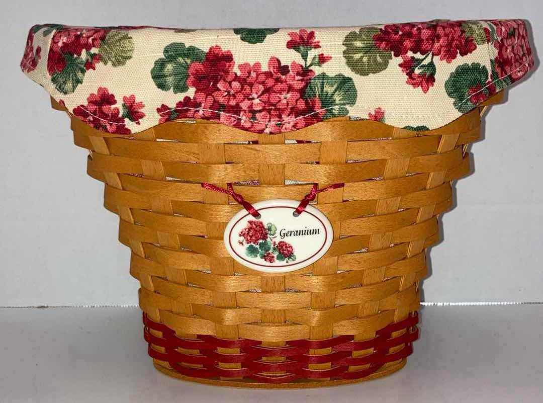 Photo 1 of LONGABERGER GERANIUM MAY SERIES MAPLE WOOD BASKET W GERANIUM FABRIC LINER & BASKET PROTECTOR 10” X 6.25” H7.75”