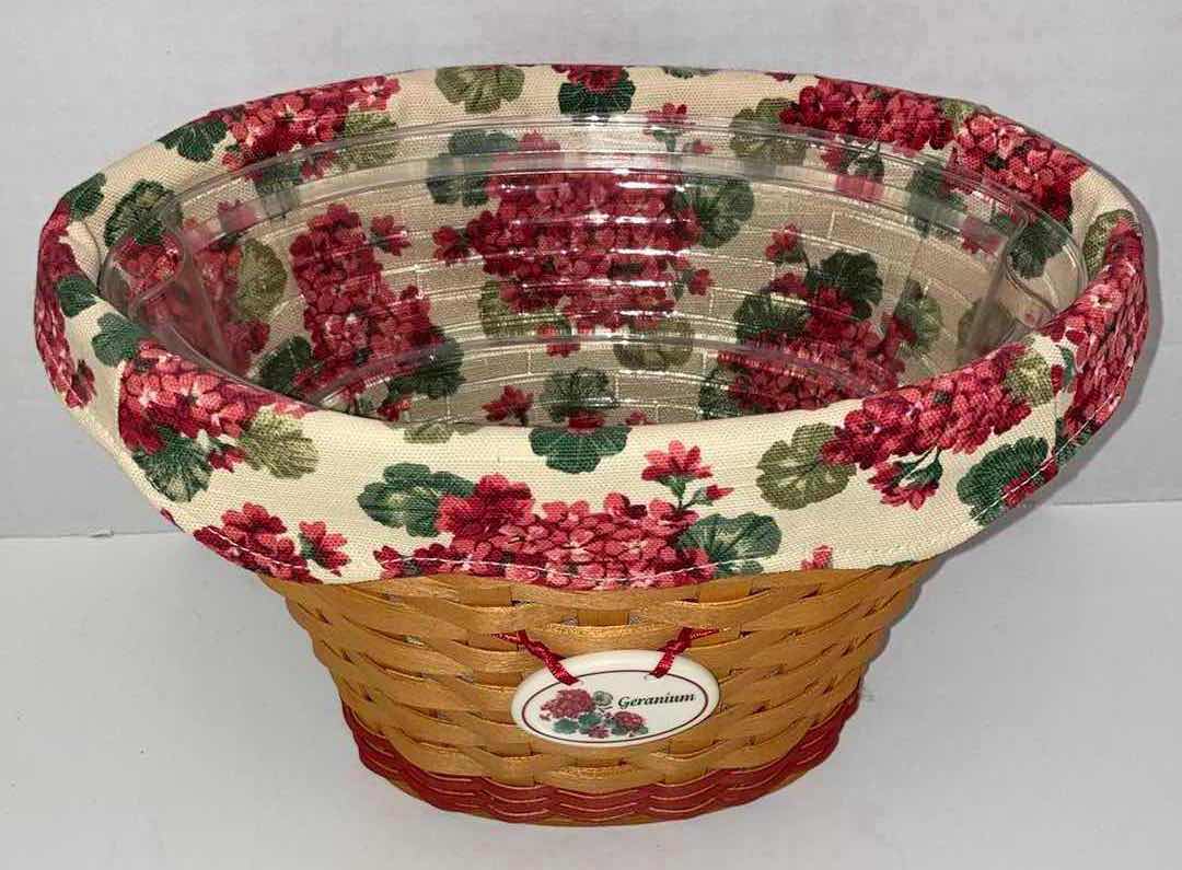 Photo 2 of LONGABERGER GERANIUM MAY SERIES MAPLE WOOD BASKET W GERANIUM FABRIC LINER & BASKET PROTECTOR 10” X 6.25” H7.75”