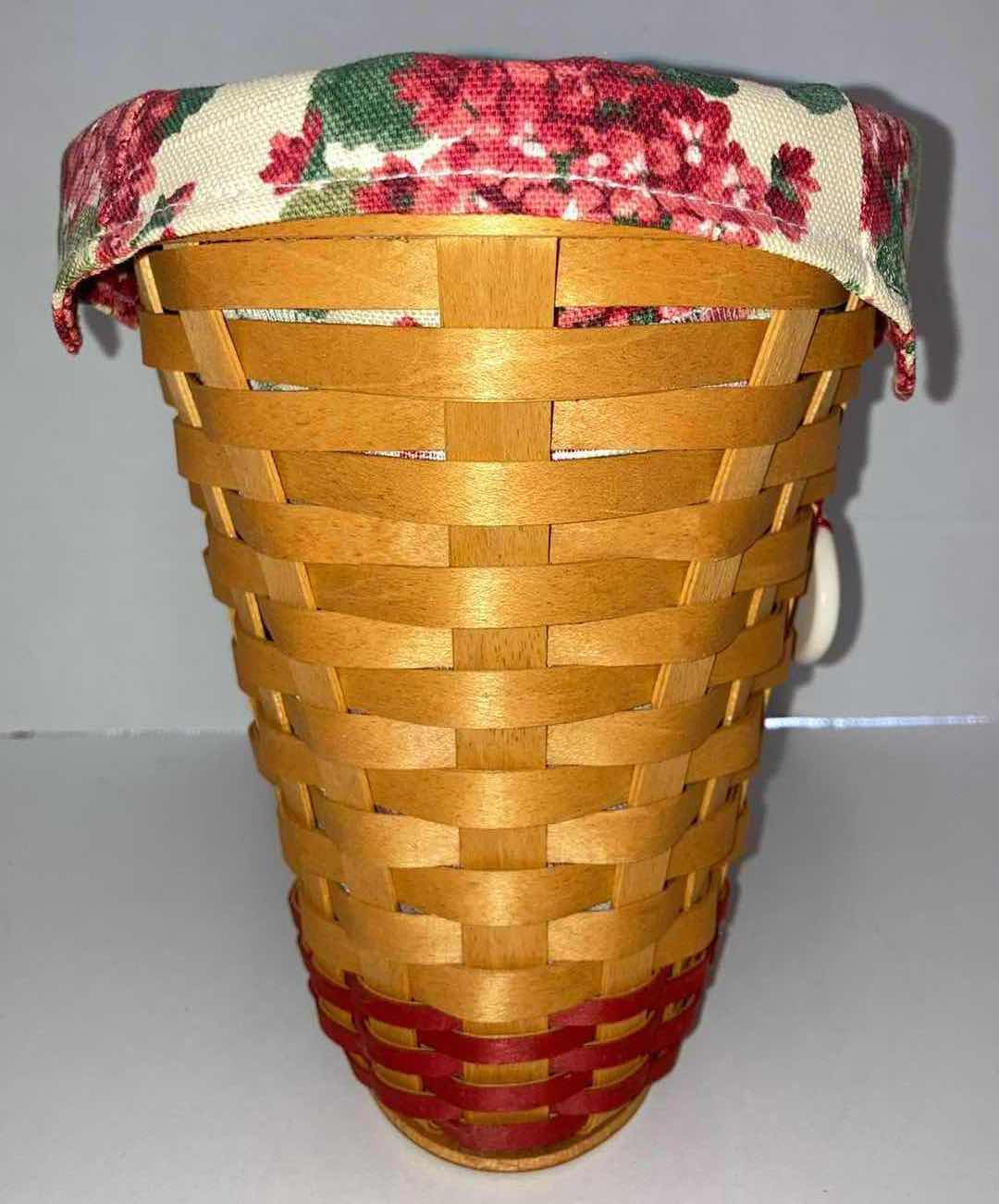 Photo 4 of LONGABERGER GERANIUM MAY SERIES MAPLE WOOD BASKET W GERANIUM FABRIC LINER & BASKET PROTECTOR 10” X 6.25” H7.75”