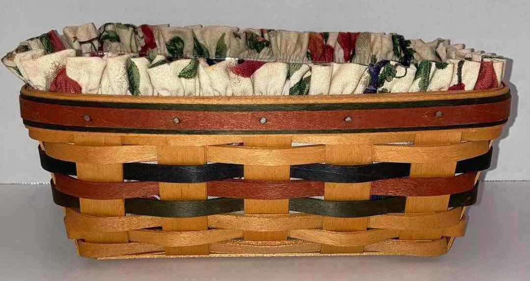 Photo 1 of LONGABERGER 1998 BAKER’S BOUNTY MAPLE WOOD BASKET W FRUIT FABRIC LINER & BASKET PROTECTOR 10” X 6.25” H3.75”