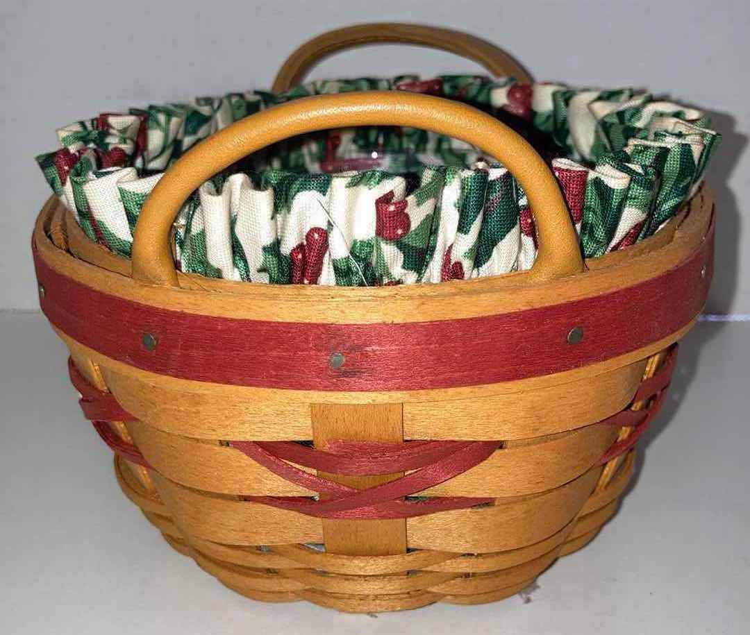 Photo 3 of LONGABERGER 1999 TREE TRIMMING PEPPERMINT MAPLE WOOD BASKET W MISTLETOE FABRIC LINER & BASKET PROTECTOR 5.5” X 5.5” H3”