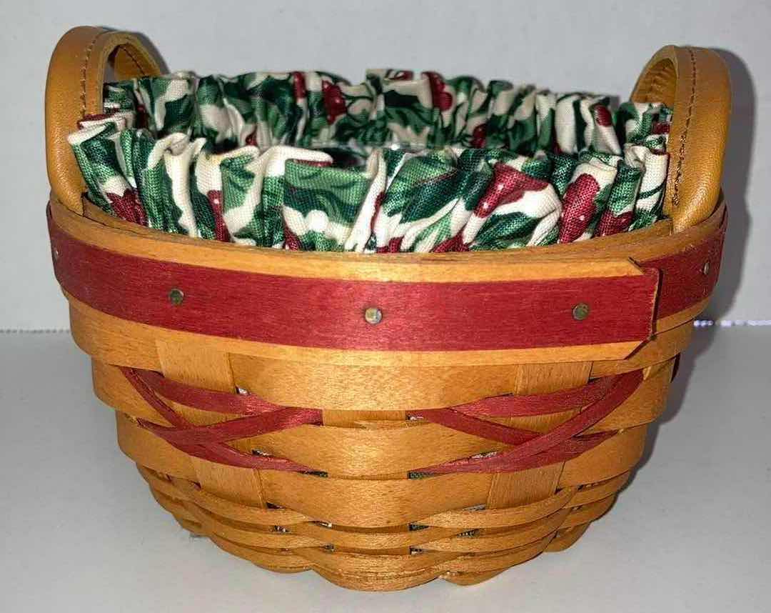 Photo 5 of LONGABERGER 1999 TREE TRIMMING PEPPERMINT MAPLE WOOD BASKET W MISTLETOE FABRIC LINER & BASKET PROTECTOR 5.5” X 5.5” H3”