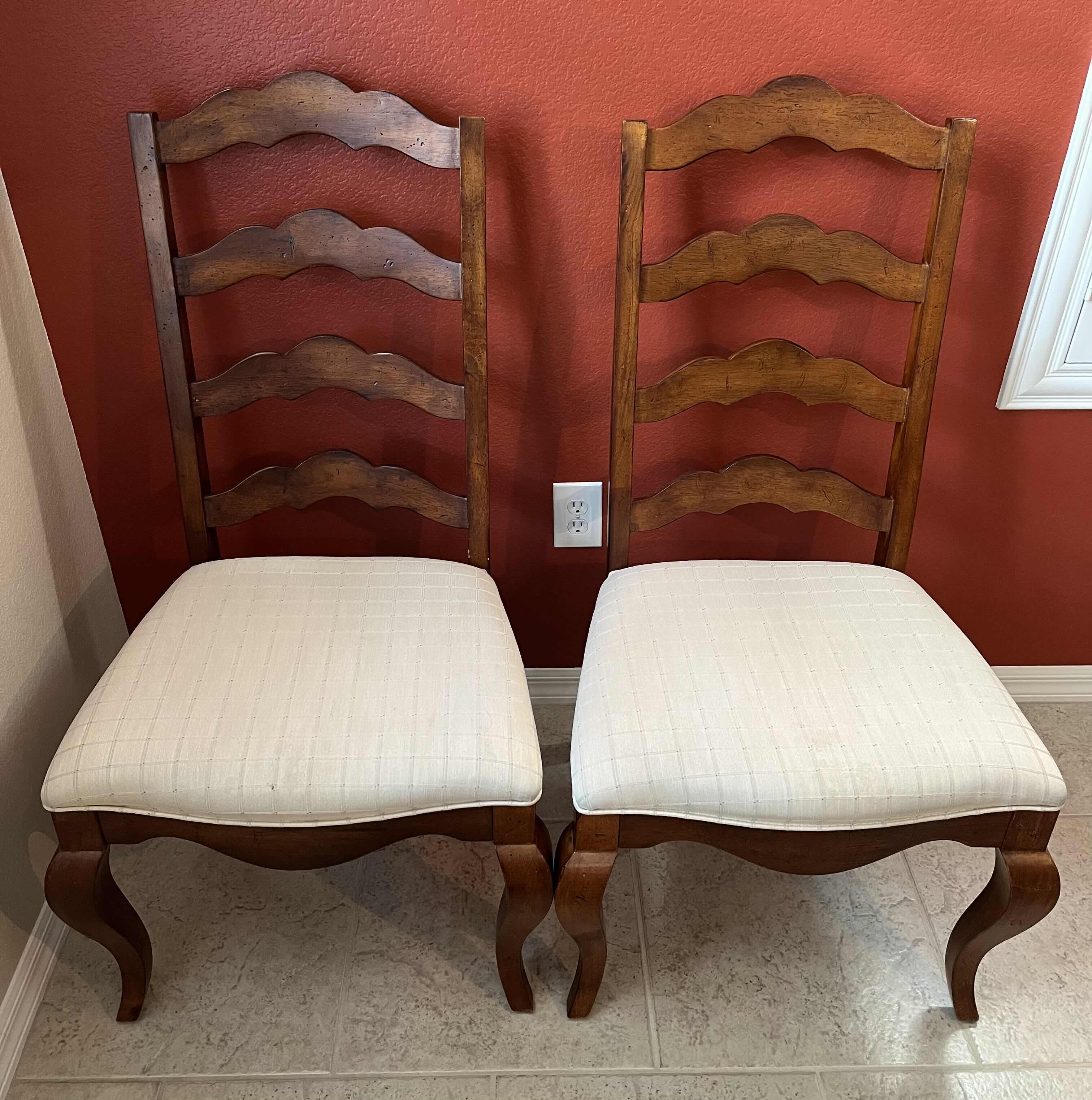 Photo 2 of UNIVERSAL FURNITURE LADDER BACK SOLID WOOD DINING CHAIRS (2) 24” X 24” H42”