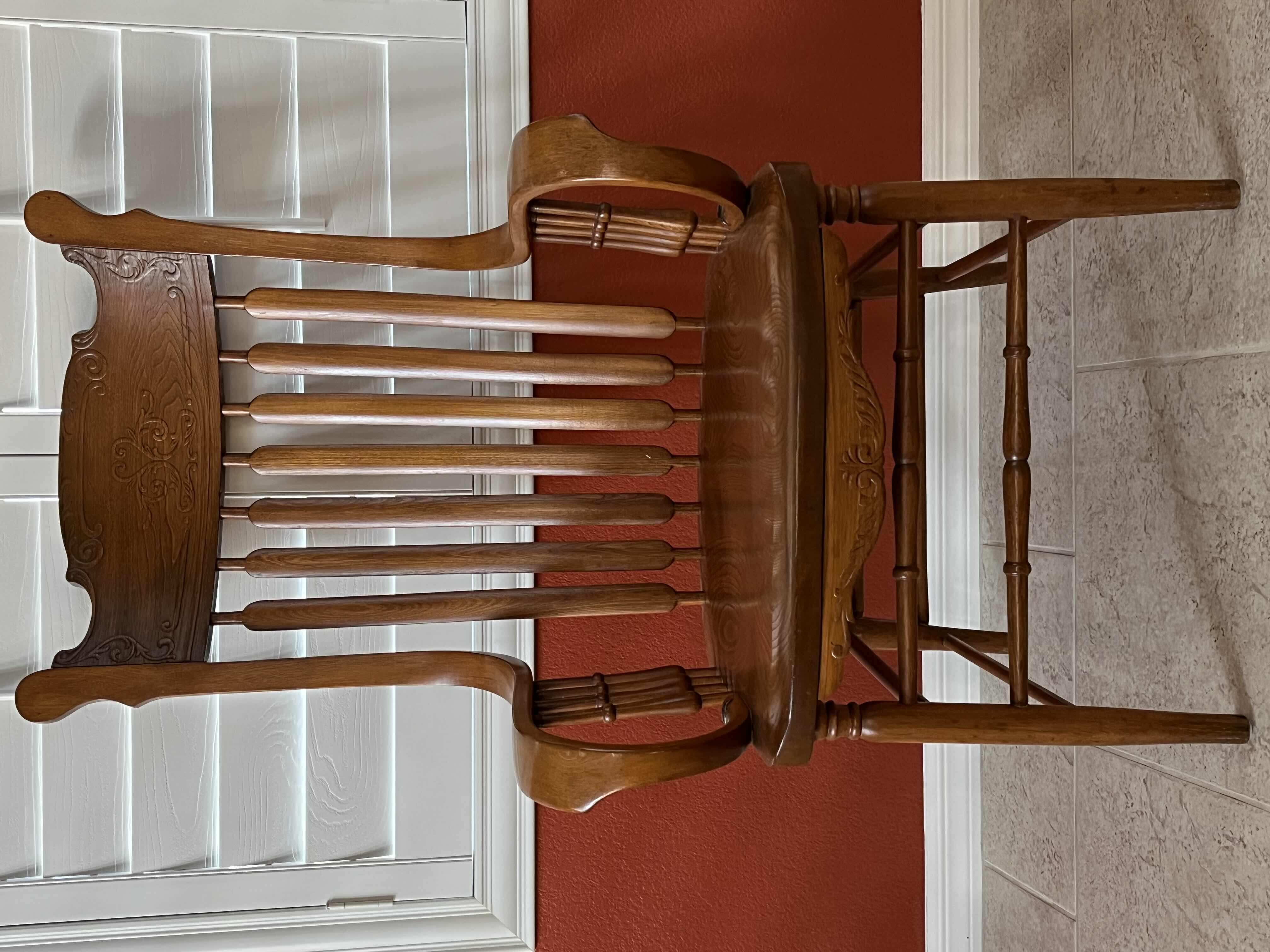 Photo 2 of MID-CENTURY SOLID OAK WOOD ORNATE ACCENT ARM CHAIR 25” X 27” H45.5”