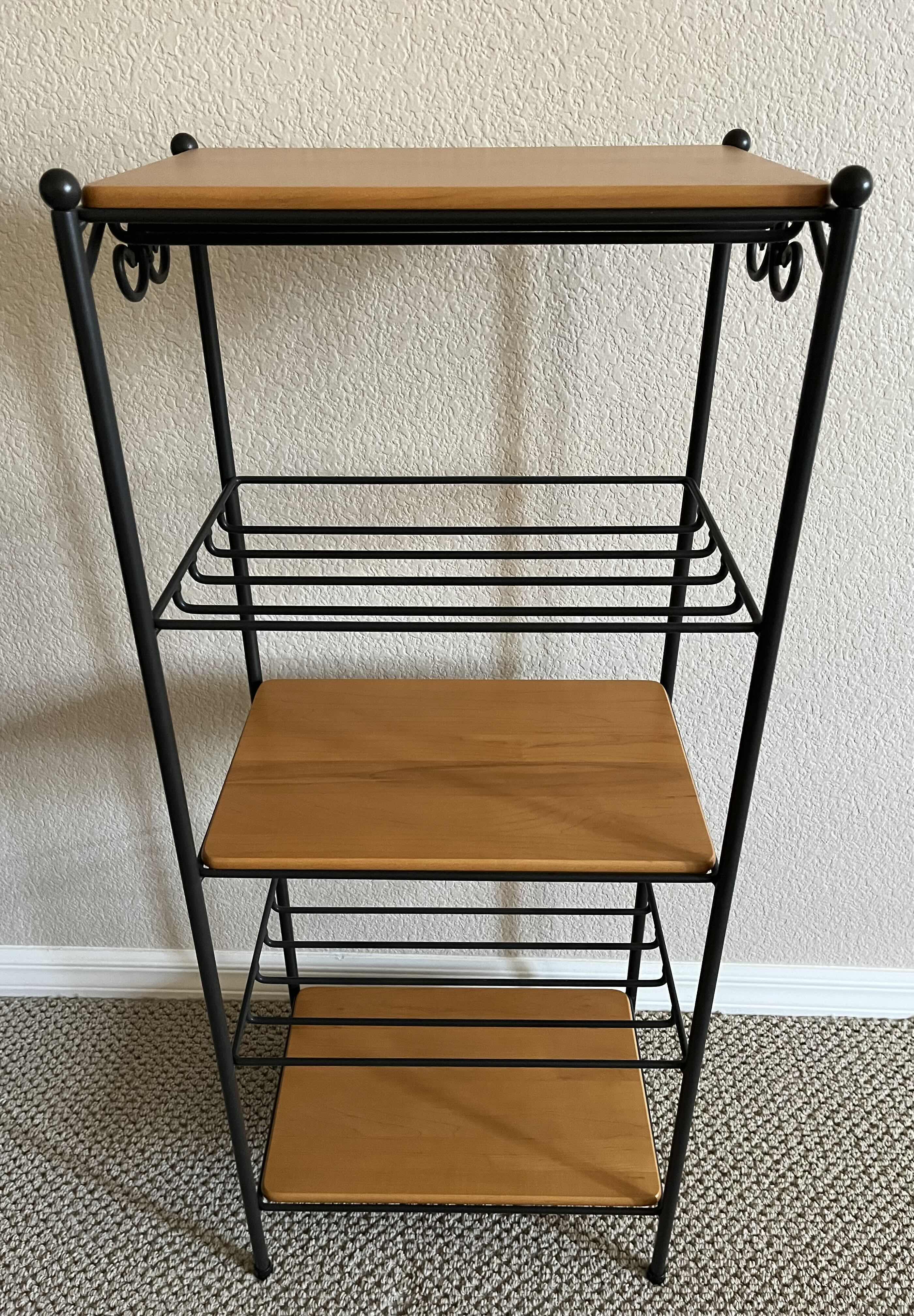 Photo 1 of LONGABERGER 5 TIER WROUGHT IRON RACK W 3 WOODCRAFT SHELVES 15.5” X 11” H37.5”