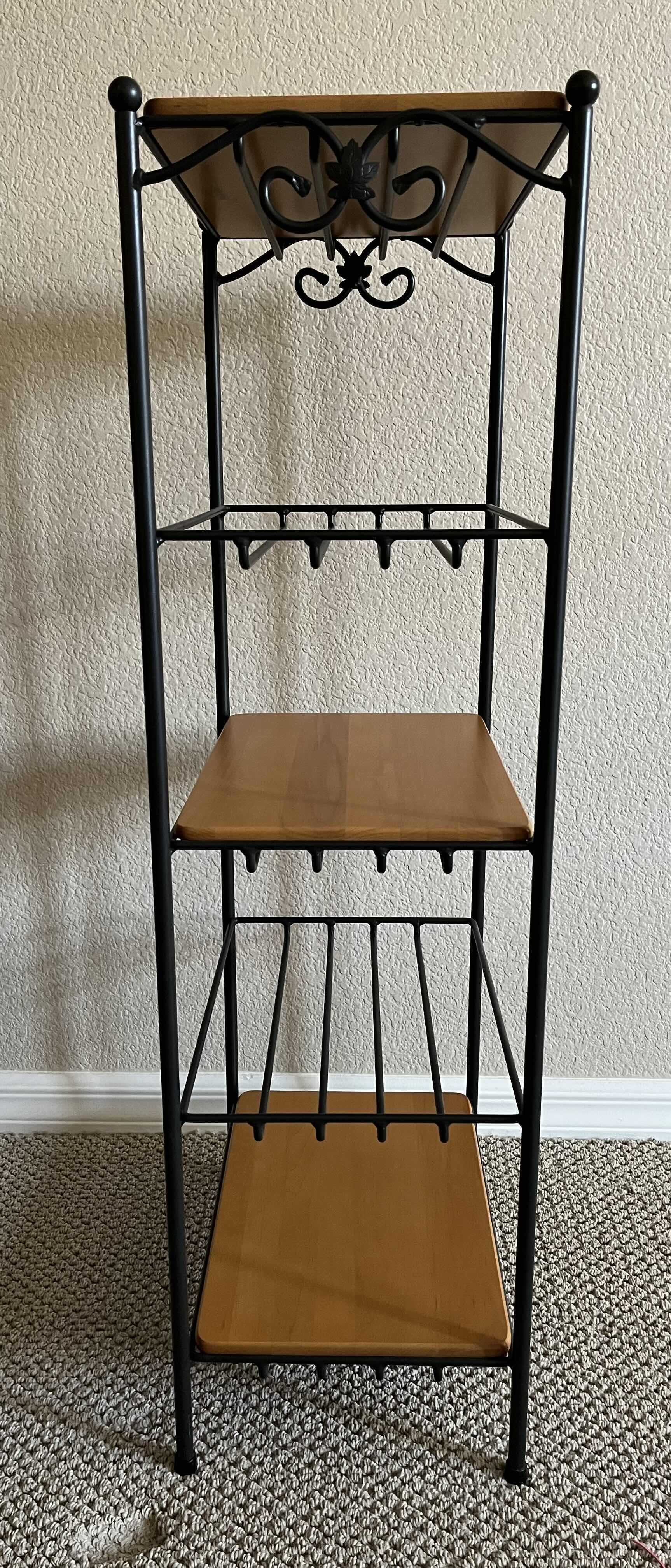 Photo 3 of LONGABERGER 5 TIER WROUGHT IRON RACK W 3 WOODCRAFT SHELVES 15.5” X 11” H37.5”