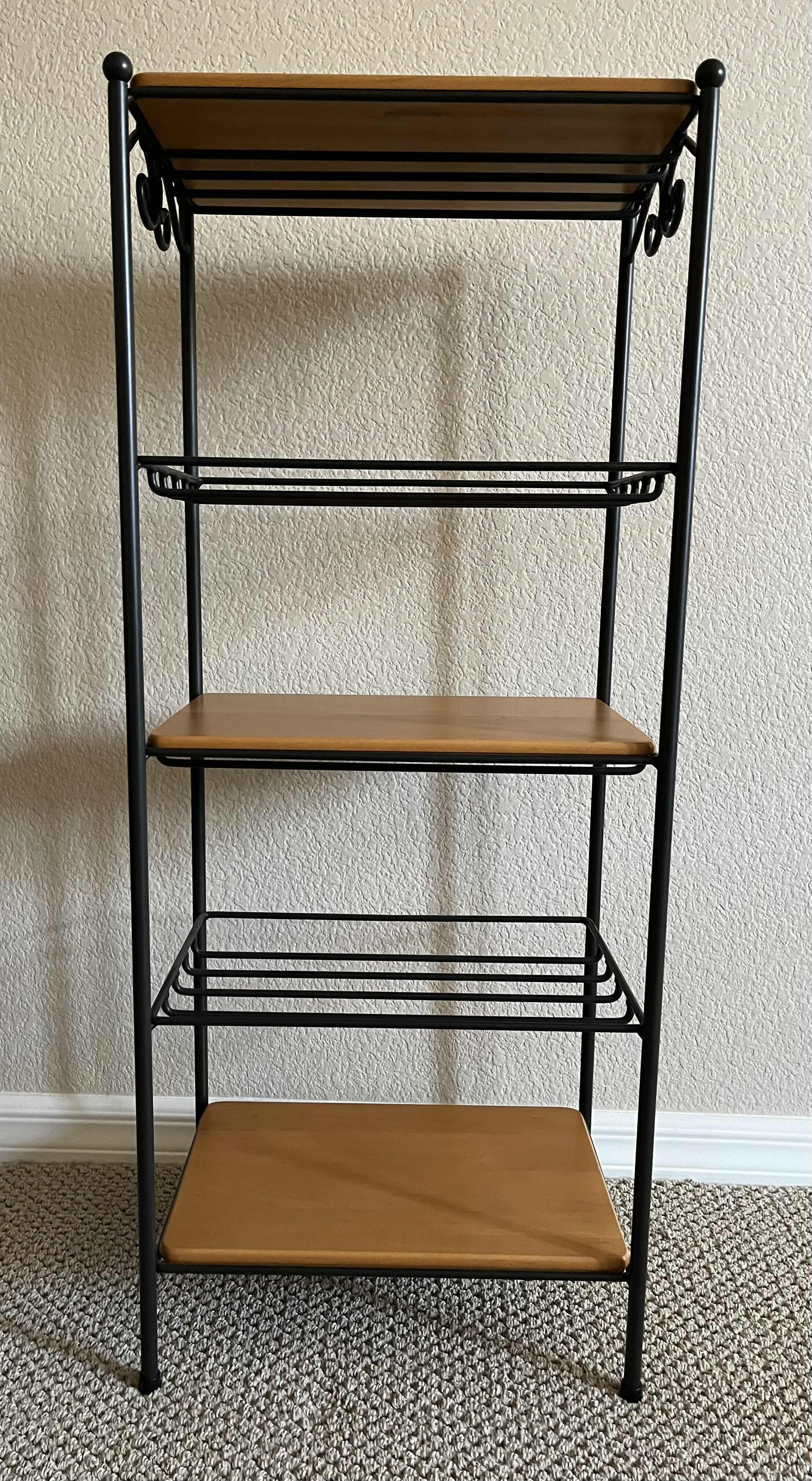 Photo 2 of LONGABERGER 5 TIER WROUGHT IRON RACK W 3 WOODCRAFT SHELVES 15.5” X 11” H37.5”