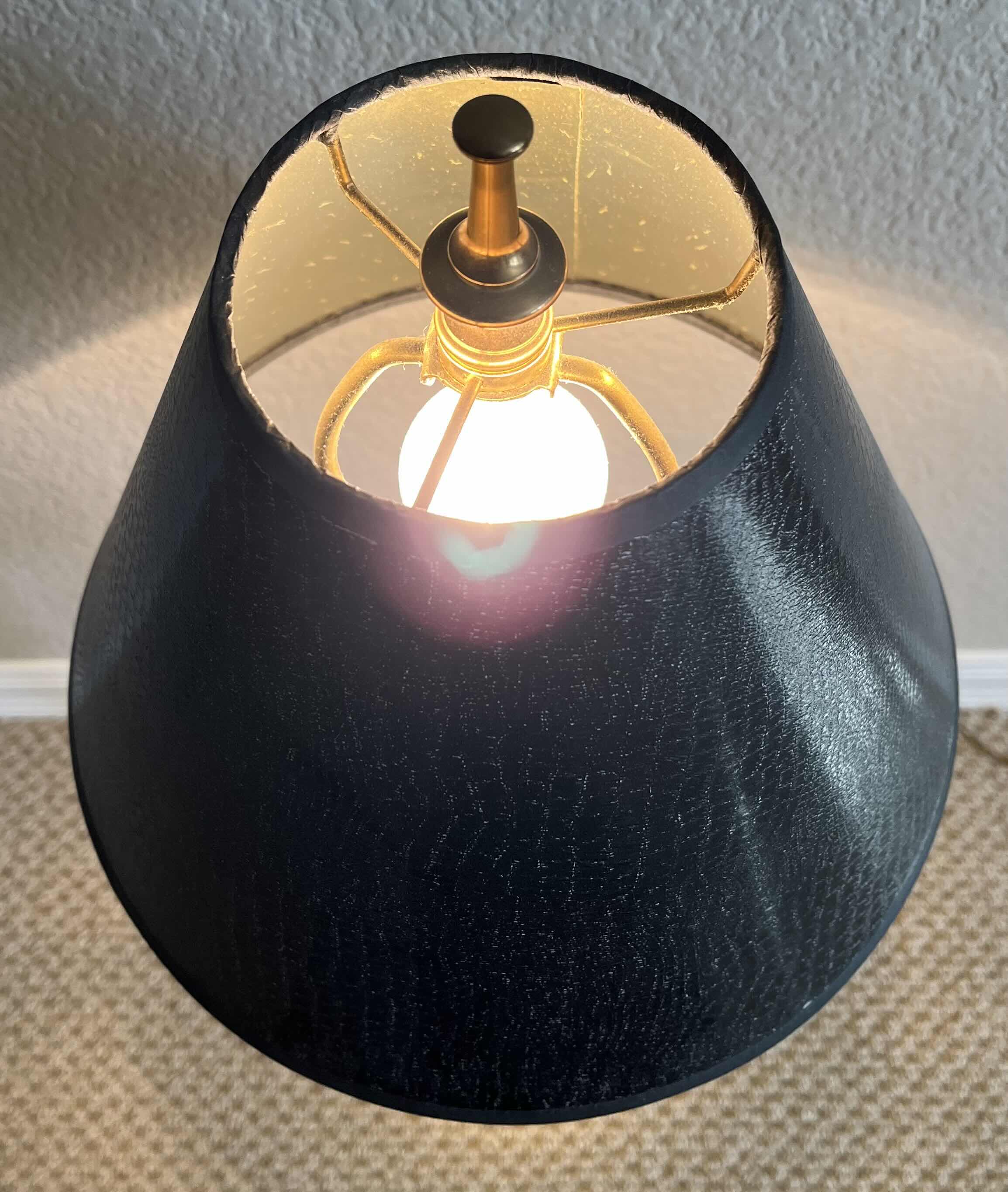 Photo 4 of ANTIQUE BRASS CANDLE HOLDER BASE W BLACK ALLIGATOR SKIN FINISH SHADE TABLE LAMP 10” X 29.5”