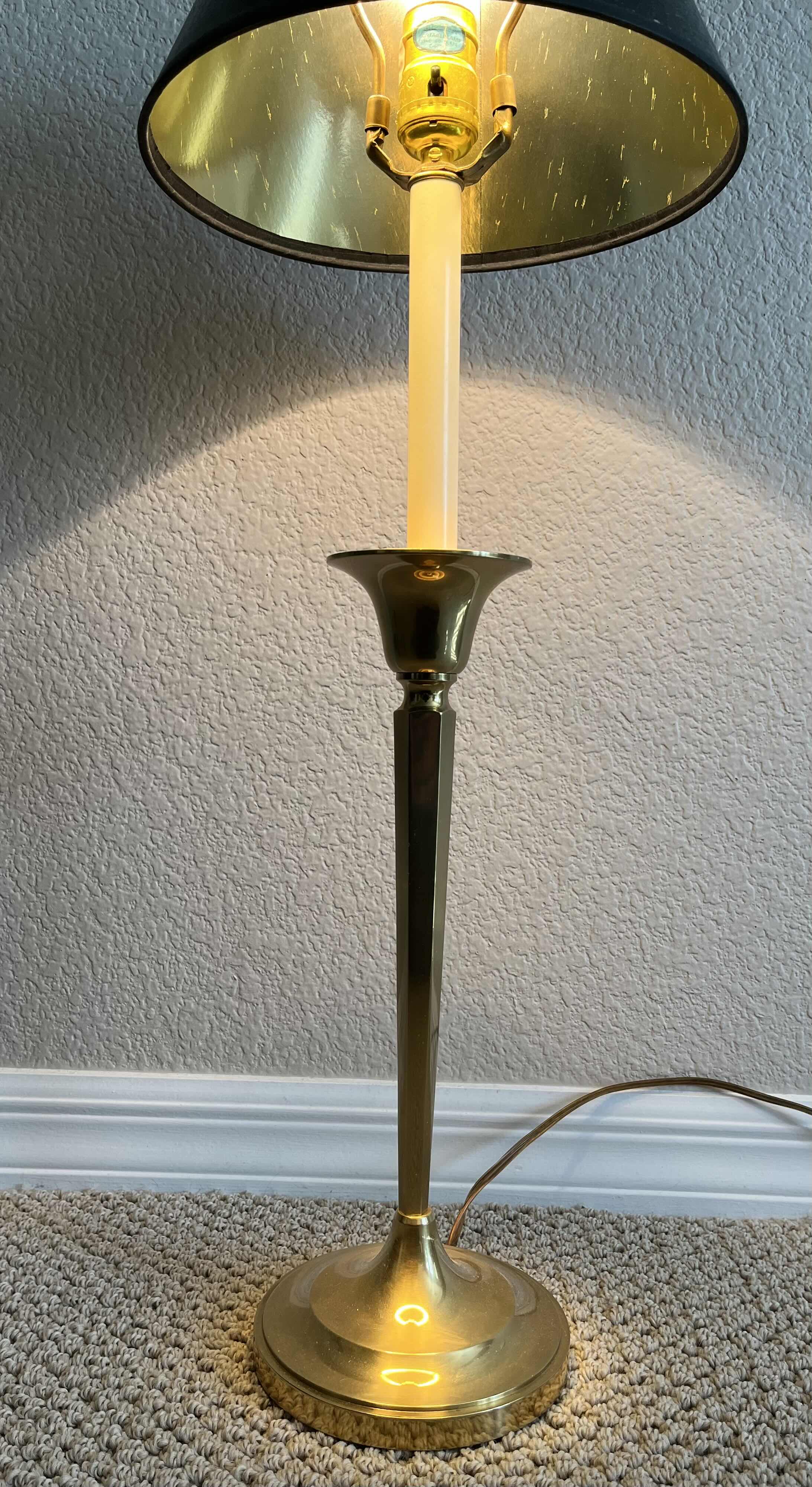 Photo 2 of ANTIQUE BRASS CANDLE HOLDER BASE W BLACK ALLIGATOR SKIN FINISH SHADE TABLE LAMP 10” X 29.5”