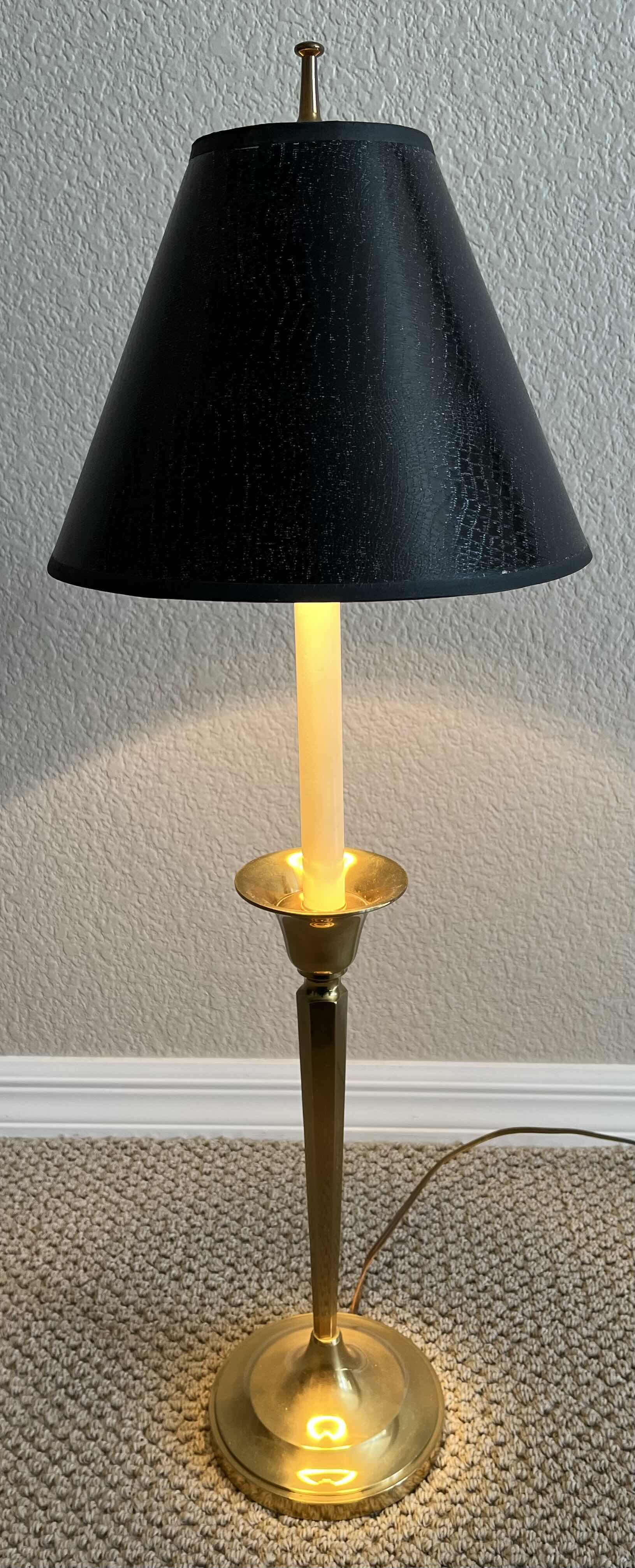 Photo 1 of ANTIQUE BRASS CANDLE HOLDER BASE W BLACK ALLIGATOR SKIN FINISH SHADE TABLE LAMP 10” X 29.5”