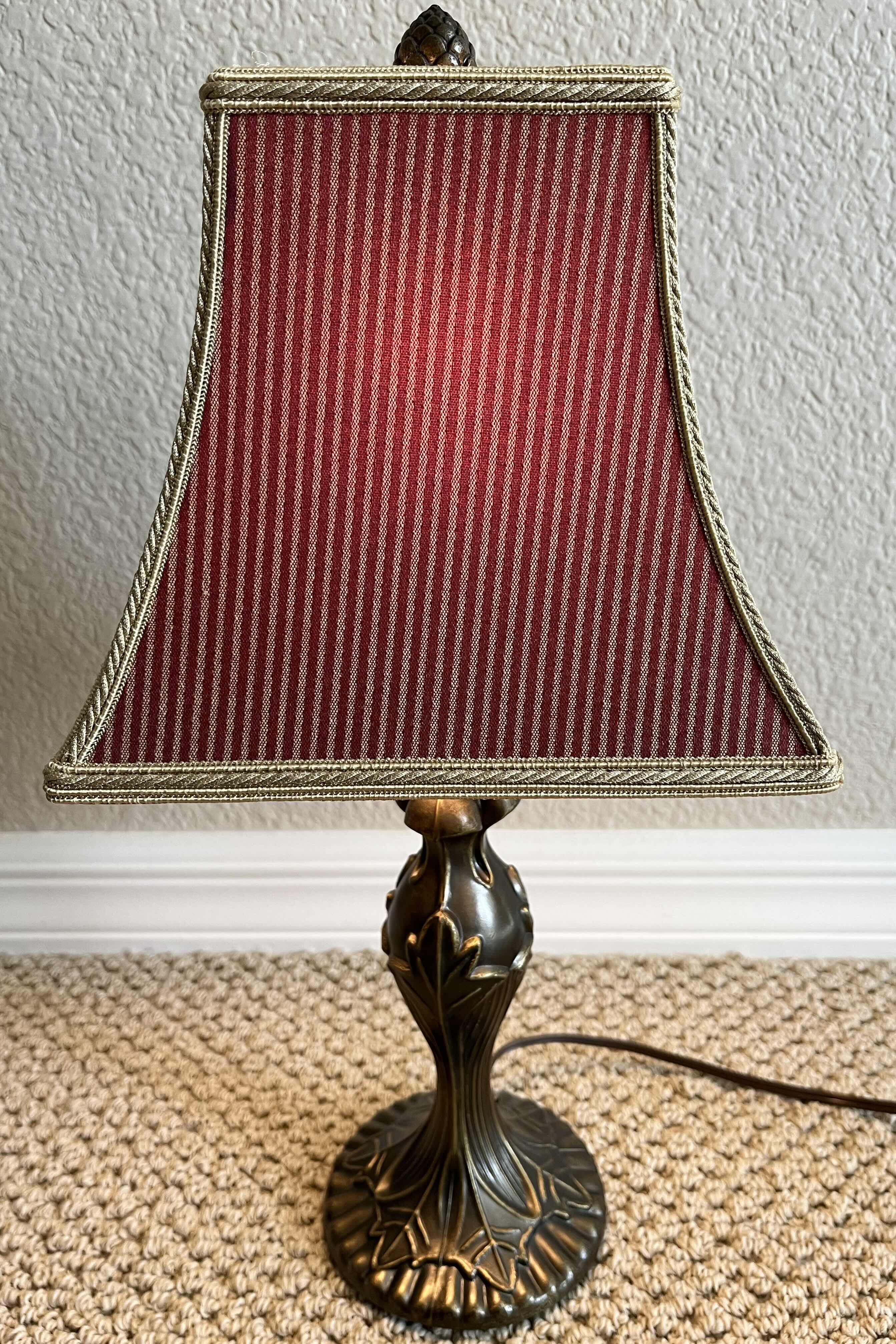 Photo 1 of ANTIQUE ORNATE BRONZE DESIGN BASE W PINSTRIPED SHADE LAMP 8.5” X 16.5”