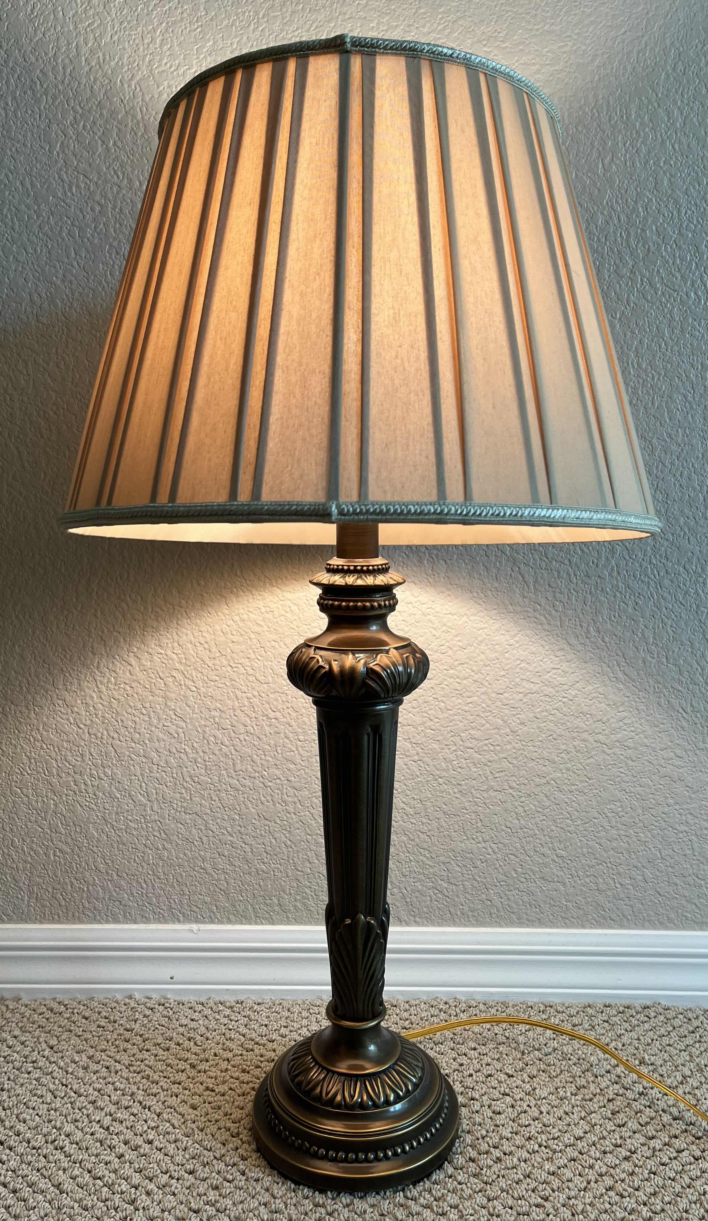 Photo 1 of BRONZE BASE W RUFFLED CREAM SHADE TABLE LAMP 16” X 30”