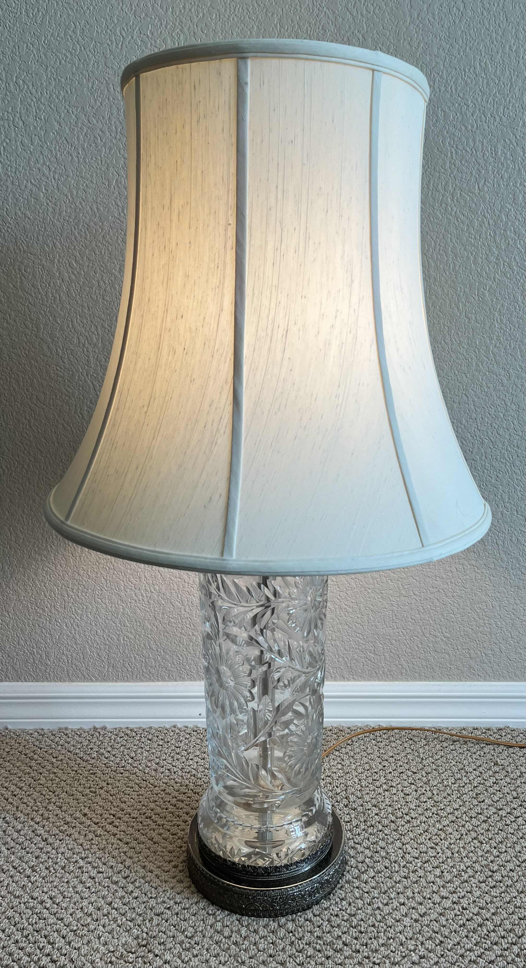 Photo 1 of ANTIQUE CRYSTAL & SILVER BASE W OFF- WHITE SHADE TABLE LAMP 18” X 34”