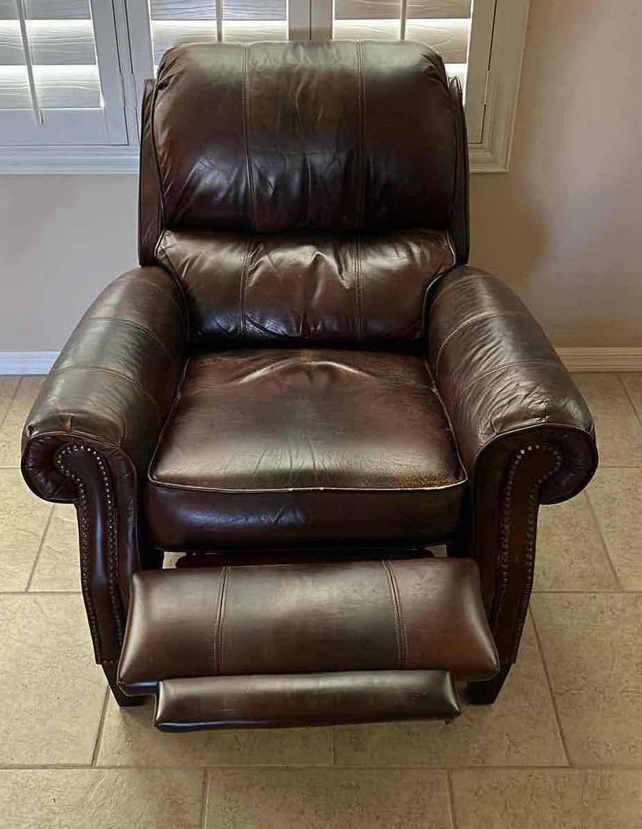 Photo 2 of VINTAGE DARK BROWN LEATHER RECLINER CHAIR 37” X 42” H41”