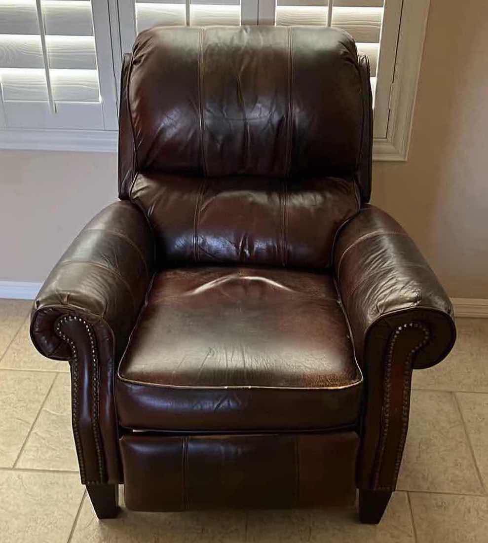 Photo 1 of VINTAGE DARK BROWN LEATHER RECLINER CHAIR 37” X 42” H41”