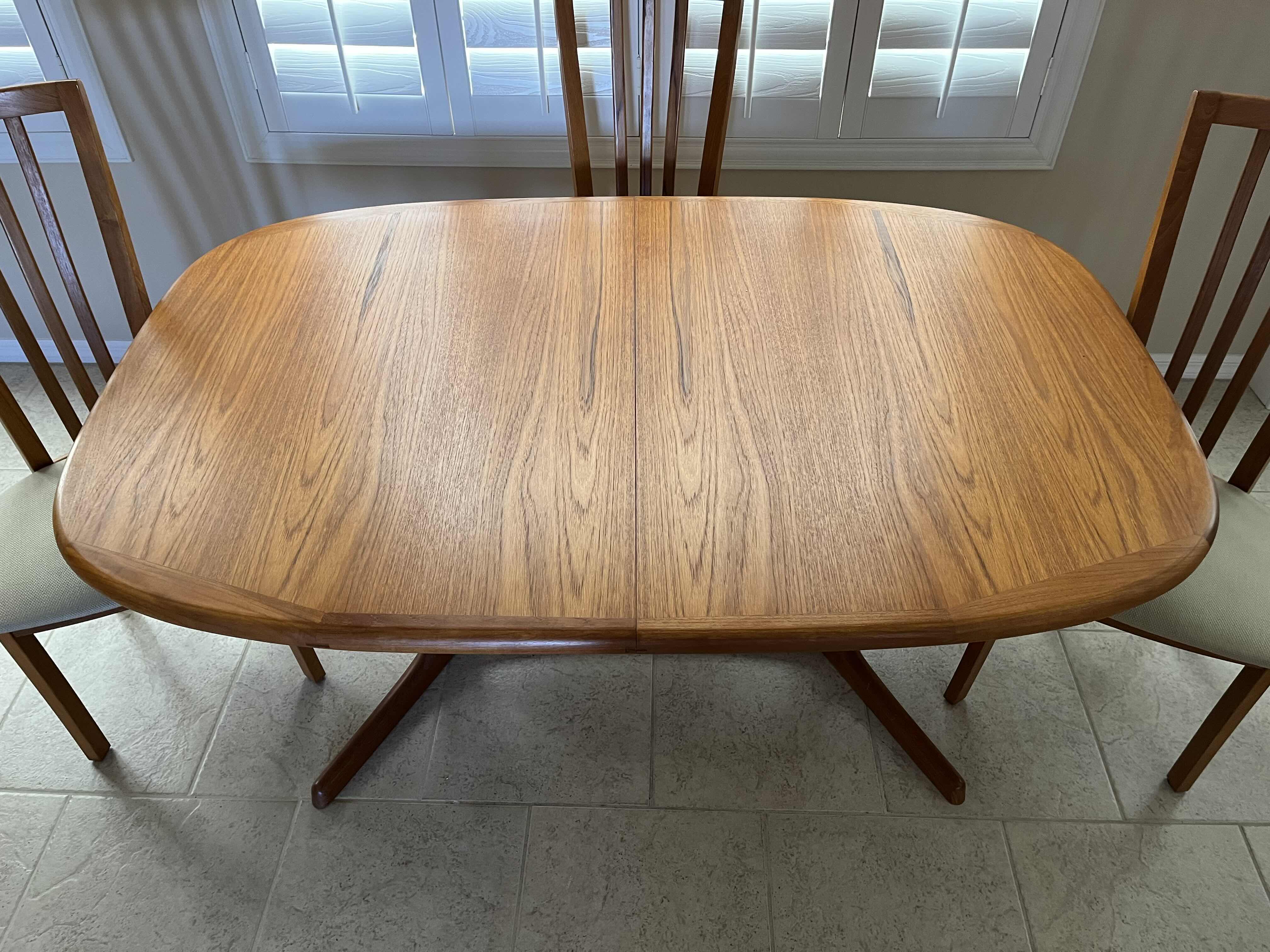 Photo 3 of DYRLUND DANISH TEAK WOOD W ROSEWOOD JOISTS DINING TABLE W LEAF EXTENSION & 4 ARMLESS CHAIRS (READ NOTES)