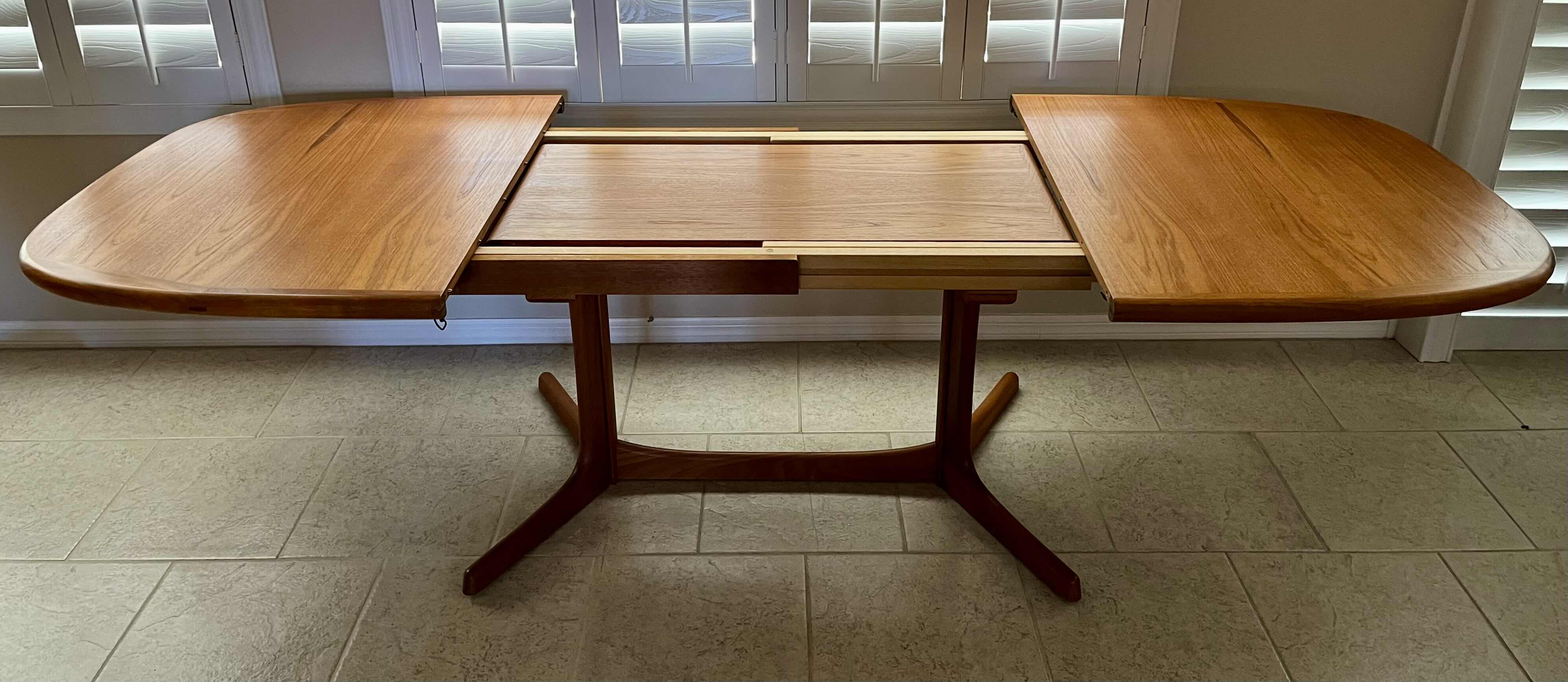 Photo 4 of DYRLUND DANISH TEAK WOOD W ROSEWOOD JOISTS DINING TABLE W LEAF EXTENSION & 4 ARMLESS CHAIRS (READ NOTES)