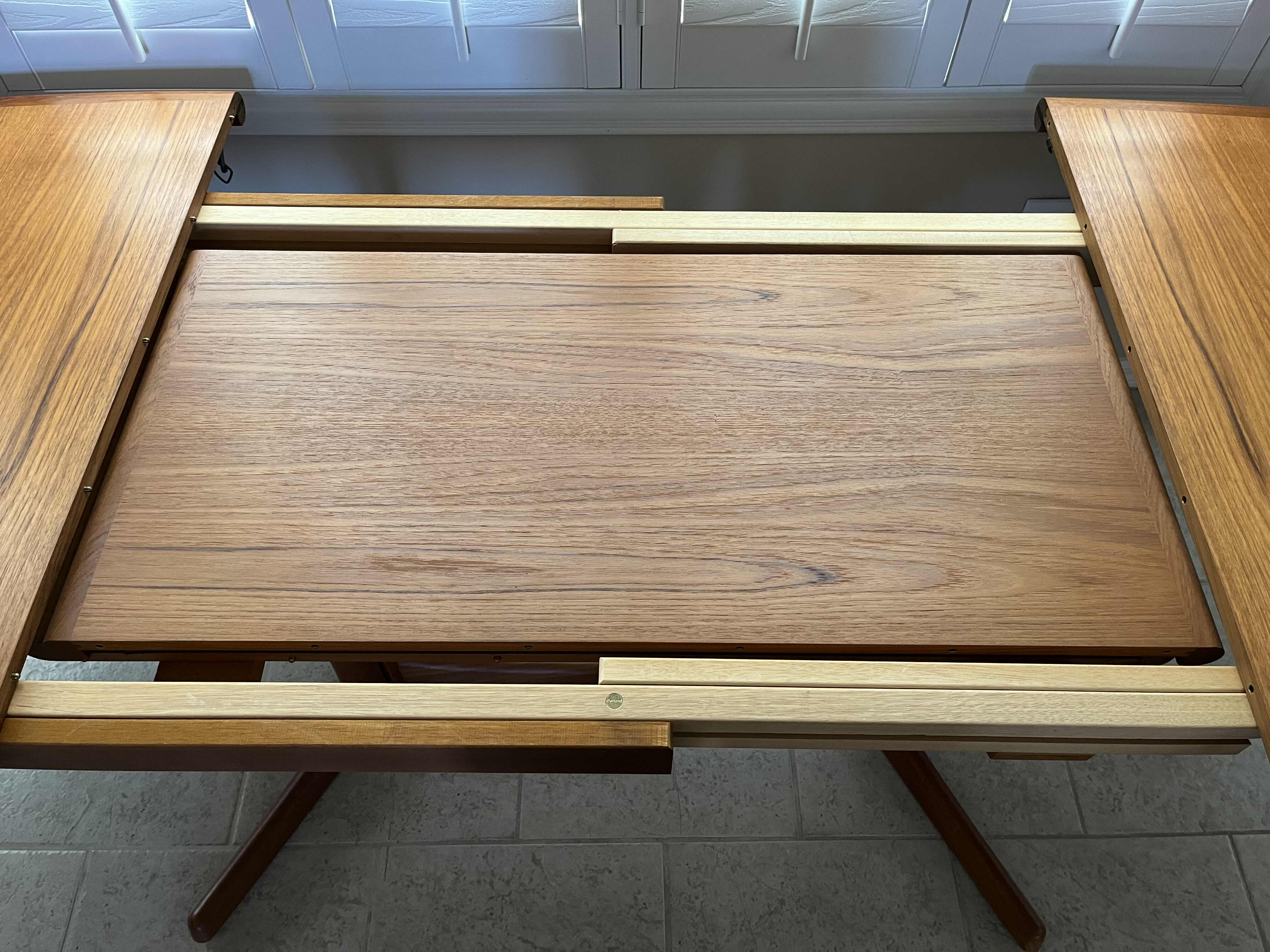 Photo 5 of DYRLUND DANISH TEAK WOOD W ROSEWOOD JOISTS DINING TABLE W LEAF EXTENSION & 4 ARMLESS CHAIRS (READ NOTES)