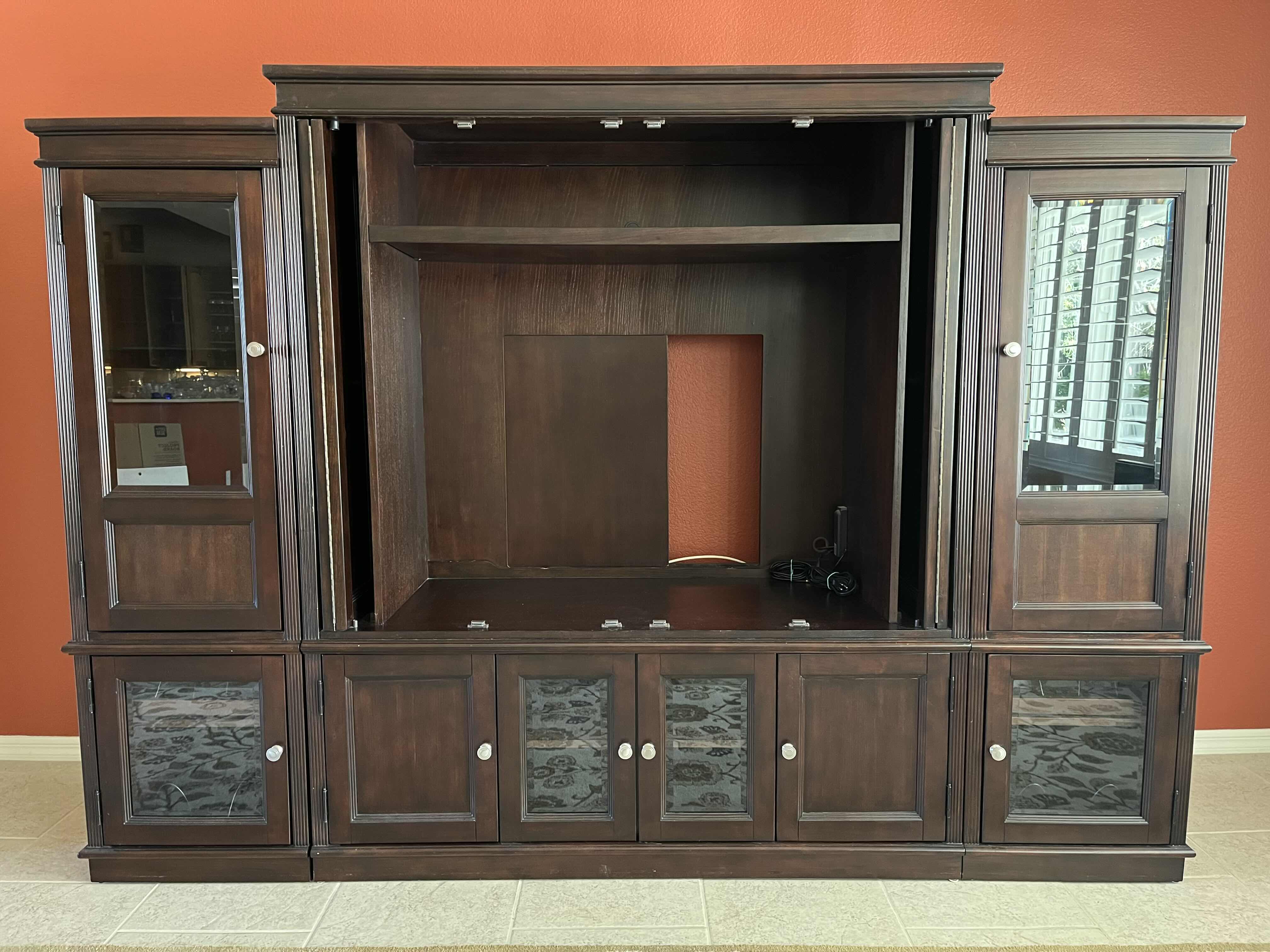 Photo 2 of LANE DARK BROWN SOLID WOOD ENTERTAINMENT CENTER 102” X  24.5” H72.5” MODEL 11896-15-16-23-26